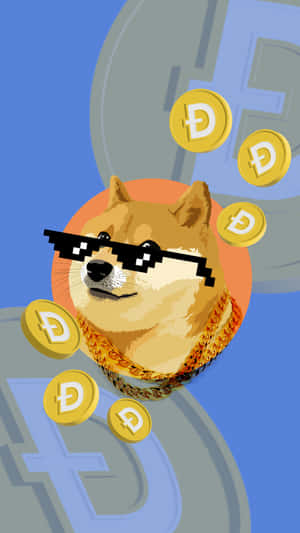 戴着太陽眼鏡和金鏈的柴犬與漂浮的Dogecoin代幣。