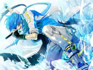 藍髮動漫角色被冰塊和能量效果包圍。 — Vocaloid 壁紙