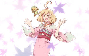 穿著粉紅色和服的動畫女孩在飄落的楓葉中與小生物揮手。 — 驅魔人 壁紙