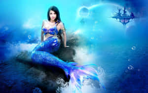 一條擁有發光藍色尾巴的美人魚，坐在魔法海底場景中的一塊岩石上，背景有漂浮的城堡。 — 海洋 壁紙