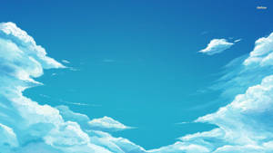 動漫風格的天空，蓬鬆的白雲映襯著充滿活力的藍色背景。