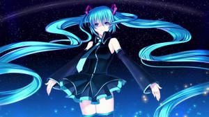 藍髮黑衣的動漫角色漂浮在星空之中。 — 初音未來 壁紙
