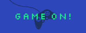 像素化遊戲控制器，藍色背景上帶有「GAME ON!」文字。