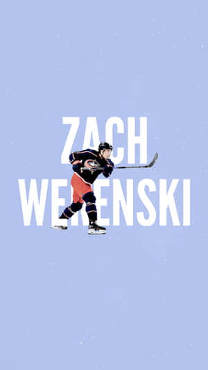冰球運動員 Zach Werenski 在移動中，身後有雪花飄落。