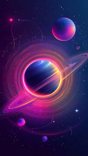 一顆帶有霓虹環的發光行星漂浮在星星和彩色球體之間，處於深紫色的宇宙場景中。 — 藍色 壁紙