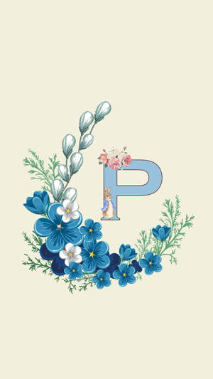 一個裝飾性字母P，周圍環繞著藍色花朵和兔子插圖。