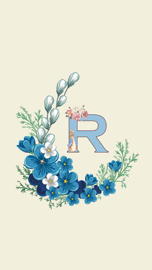 字母R裝飾有藍色花朵、綠色植物和一隻兔子 — 紫色花朵 壁紙