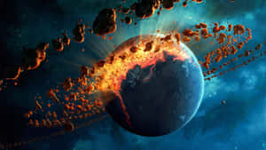 行星被熾熱的小行星吞噬，背景是星辰宇宙。