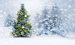 在雪白的冬季森林中裝飾的聖誕樹，雪花飄落。 — 聖誕快樂 GIF 壁紙