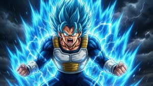 動漫角色，藍髮，身穿盔甲，在暴風雨的天空中被電藍色能量包圍。