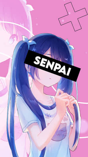 藍色雙馬尾的動漫女孩在粉紅色背景上將臉藏在「SENPAI」文字後面。 — 可愛動漫女仔 壁紙