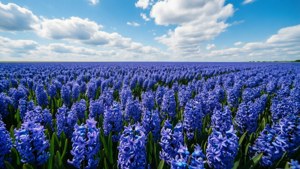 廣闊的藍色風信子花田，天空晴朗，雲朵點綴