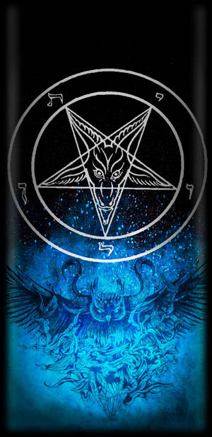 一個發光的五角星，山羊頭人形位於惡魔般的帶翼生物之上，在宇宙藍色星雲中。