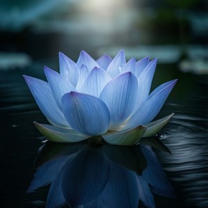 一朵藍蓮花在深色水面上漂浮，帶有柔和倒影，寧靜平和 — 藍色 壁紙