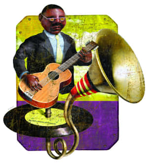 Blind Lemon Jefferson 在色彩繽紛的背景前彈奏結他，旁邊有一個留聲機喇叭。