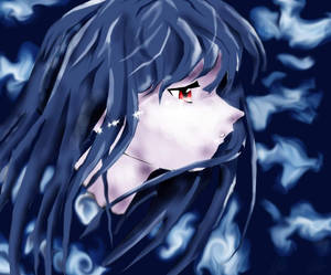 動漫女孩，深藍色頭髮，發光的紅色眼睛，在旋轉的薄霧中。 — 可憐動漫 壁紙