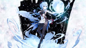 藍髮動漫女孩在雪景宇宙場景中施展冰魔法。 — 原神 壁紙