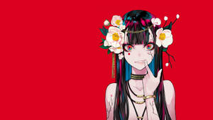 藍髮動漫女孩與櫻花在紅色背景上微笑。 — 可愛動漫女仔 壁紙