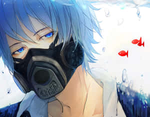 藍髮動漫男孩戴防毒面具在水中，紅魚和氣泡。 — 藍色美學 壁紙