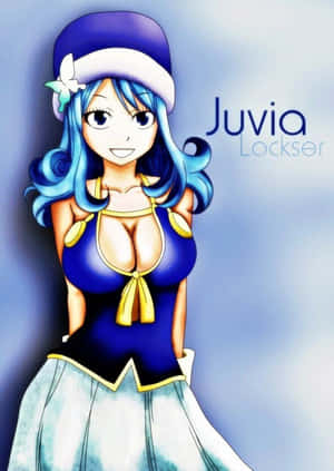 動漫角色 Juvia Lockser 藍髮戴帽，身穿藍色連衣裙微笑。 — 妖精尾巴 壁紙
