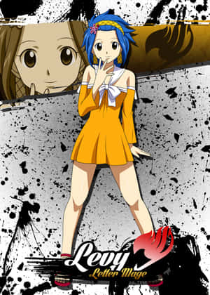 動漫角色Levy Letter Mage，身穿橙色裙子，藍色頭髮，潑濺背景。 — 魔法 GIF 壁紙