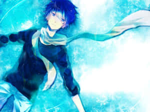 動漫男孩在發光的藍色水中漂浮，圍巾飄逸。 — Vocaloid 壁紙