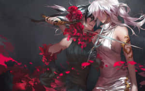 兩位動漫女性持劍戰鬥，紅色花瓣在周圍飛舞。 — 動漫打鬥 壁紙