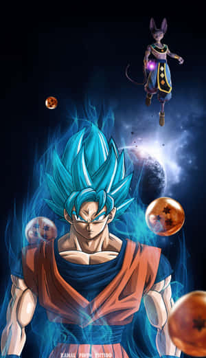 超級賽亞人悟空被龍珠包圍，在宇宙場景中與一個漂浮的貓戰士一起。 — Huawei Pura X View 壁紙