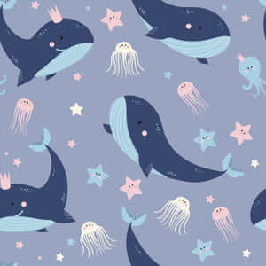 鯨魚、水母和星星在俏皮的水下圖案中。 — 海洋 壁紙