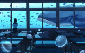 一個學生喺課室入面望住一條鯨魚同魚喺水族箱入面游水。 — 海洋 壁紙