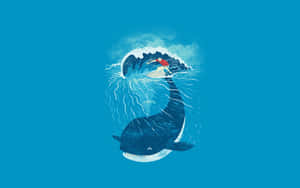 衝浪者在風格化插圖中騎著鯨魚形狀的波浪。 — 海洋 壁紙