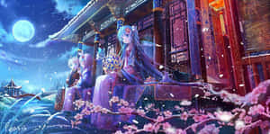 兩個穿著傳統長袍的動漫女孩在滿月下積雪的寶塔陽台上，伴隨著櫻花。