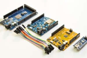 白色背景上的Arduino板及彩虹線纜集合。