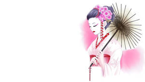 藝妓穿著白色和服，帶有粉紅色花朵，撐著黑色陽傘。