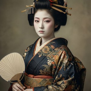 穿著傳統和服的藝妓手持摺扇
