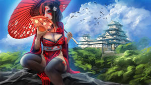 身穿紅色和服的藝妓手持雨傘，靠近日本城堡，鳥兒飛翔。
