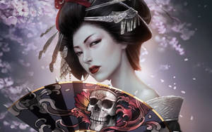 藝妓在櫻花下手持帶有骷髏圖案的華麗扇子