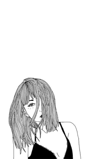 一位留著及肩長髮的年輕女子，以極簡線條藝術風格低頭。