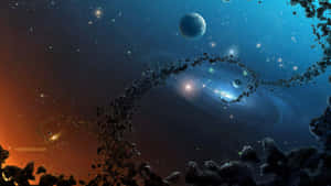 小行星螺旋圍繞著發光的星系，在星空的宇宙場景中。