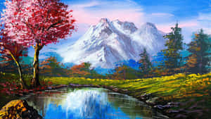 櫻花樹在溪流旁，背景有雪山。 — 美學藝術 壁紙