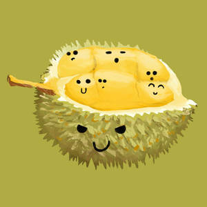 一個微笑的榴槤果實，其分段和外殼上有可愛的面孔。
