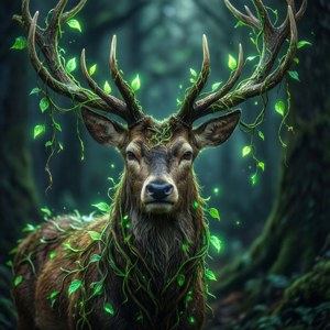在神秘森林中帶有發光藤蔓的魔法鹿