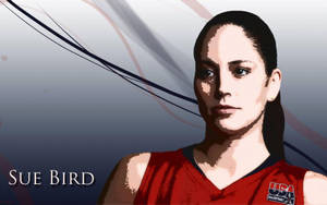 Sue Bird 身穿紅色美國籃球球衣，配以抽象背景。