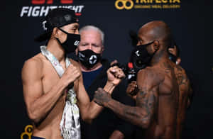 兩名戴面具的UFC拳手在賽前緊張時刻鎖拳。