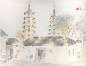 兩座寶塔俯瞰著寧靜的村莊，一個小孩在門口附近玩耍。 — 深色花卉 壁紙