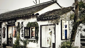 多雲天空下，帶有常春藤和人體模型的傳統中式商店 — 16:9 壁紙