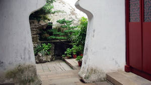 白色石拱門框出一個寧靜的花園，園內有盆栽植物和長滿苔蘚的石頭。 — 高對比 壁紙