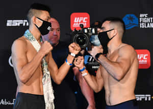 兩名戴面具的MMA拳手在UFC稱重活動中緊握拳頭。