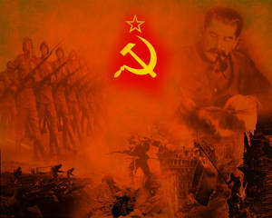 蘇聯士兵和斯大林在一幅火熱的橙色戰爭宣傳拼貼畫中。