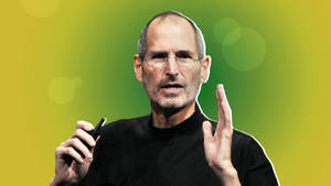 Steve Jobs 在色彩繽紛的漸變背景前進行演示時一邊說話一邊做手勢。